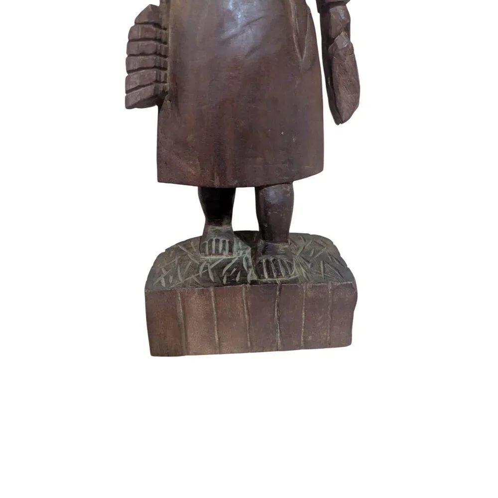 Vintage 1960s Hand Carved‎ Gum Wood Statue Market Woman Basket Head Folk Art